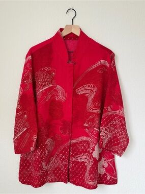 Red Koi Fish Print Blouse Asian Style Mandarin Collar Vintage Inspired Top